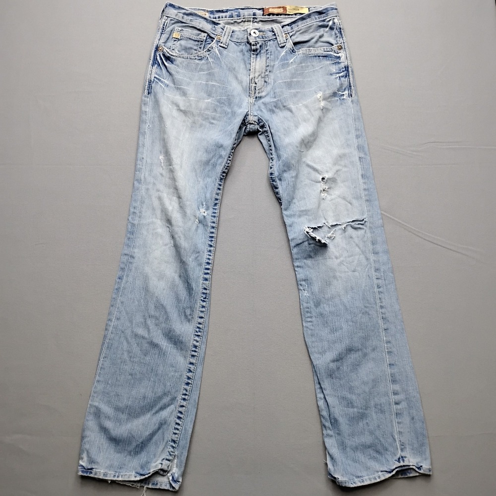 Big Star Union Slim Straight Jeans Mens 32R Light Wash Distressed Thrashed Denim
